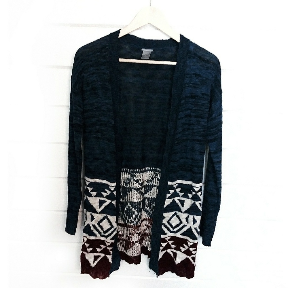 Blue & Burgundy Aztec Sweater Cardigan -Small